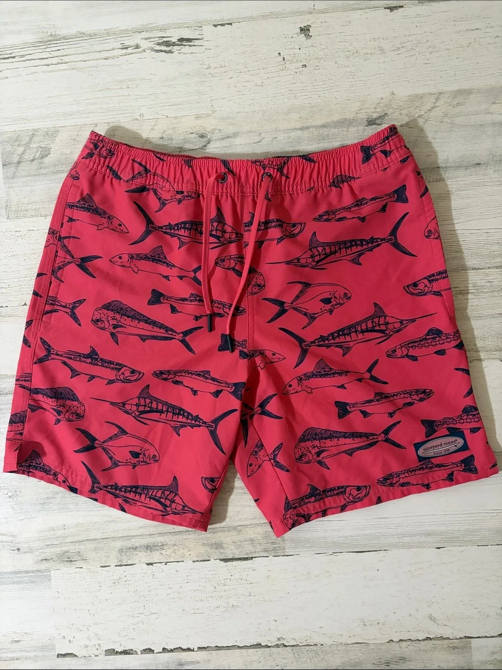 Vineyard Vines Coral Swim Trunks with Navy Fish Print